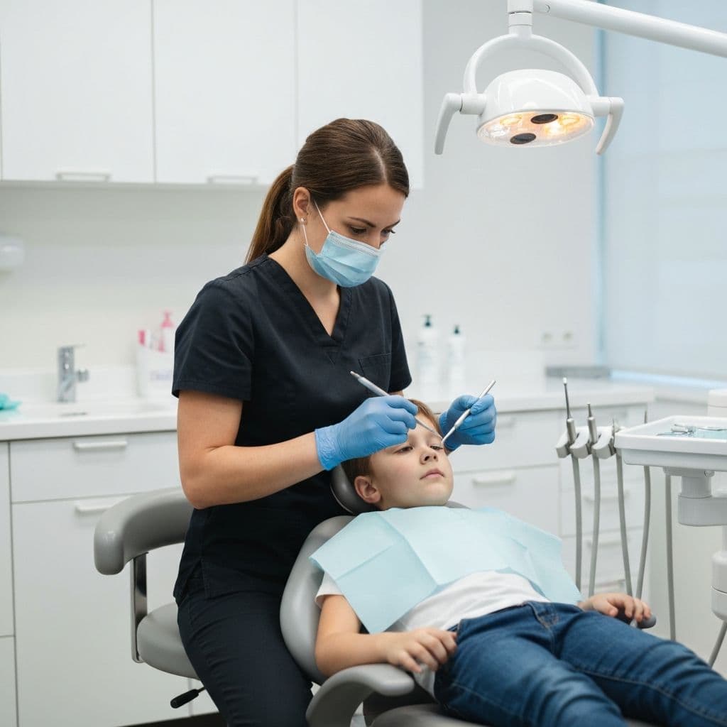 Dentist performing a check-up on a child patient